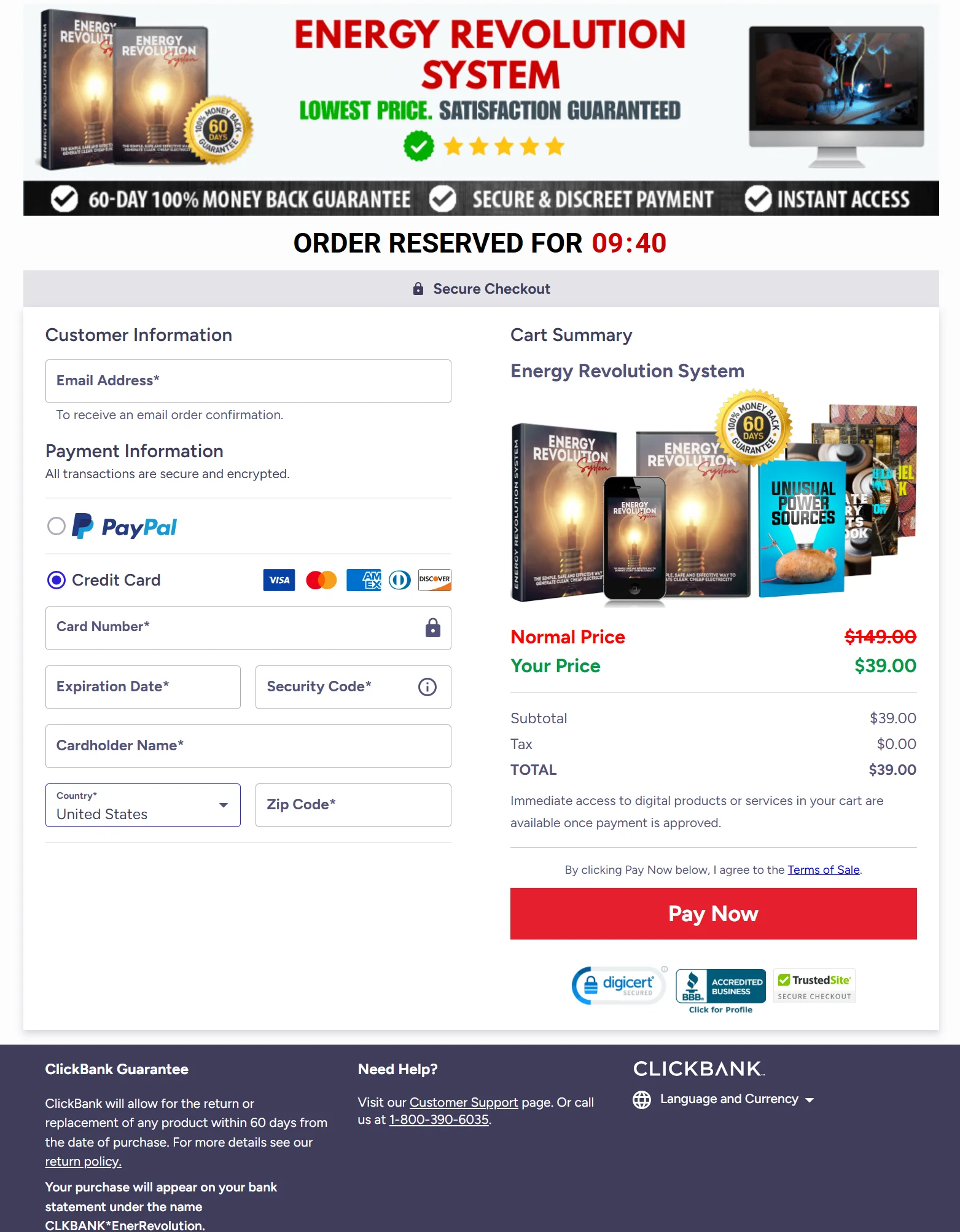 Energy Revolution System secure checkout page screenshot